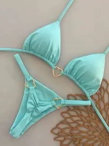 Women's 2pcs Bikini Swimsuit - Sexy High-Elastic Bikini Set with Tie-Back Triangle Top & Heart Thong Bottoms, Solid Color Full Coverage Bathing Suit Suitable for Beach, Pool, Pool Parties, Summer Vacations - Hand Washable