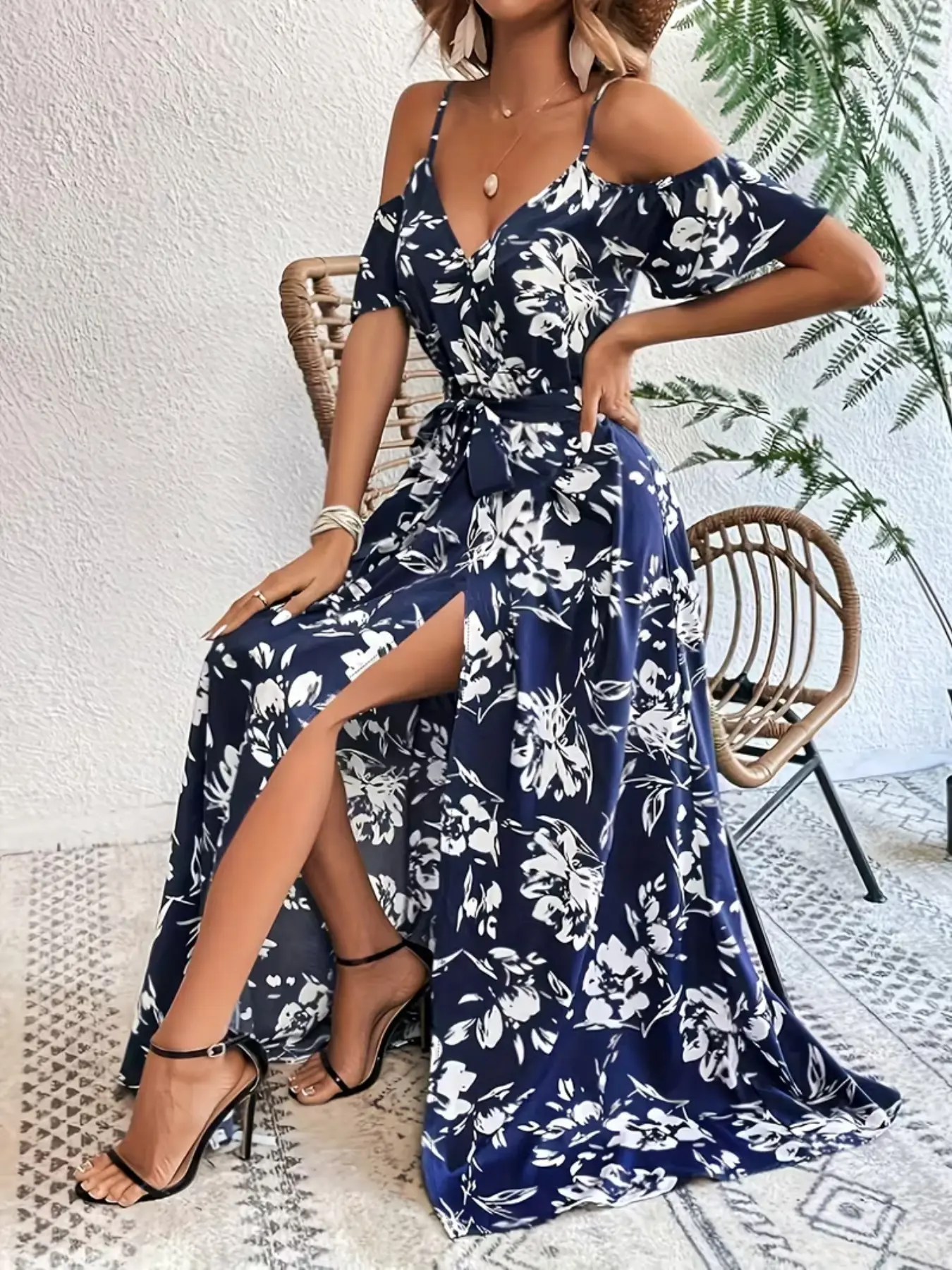 Summer Long Dress, Indigo Ink Floral Print, Off-Shoulder Short Sleeve, Belted Waist, Split Design, Beach Vacation Style, Boho Fashion Dress, Bohemian, Elegant Fitted Dress