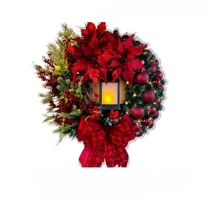 1 piece equipped with bow ribbons, Christmas balls, red berries, Led lantern, artificial lighting Christmas wreaths, all-season large wreaths, UV resistant, suitable for indoor/outdoor decoration, wall decoration, Christmas decoratio