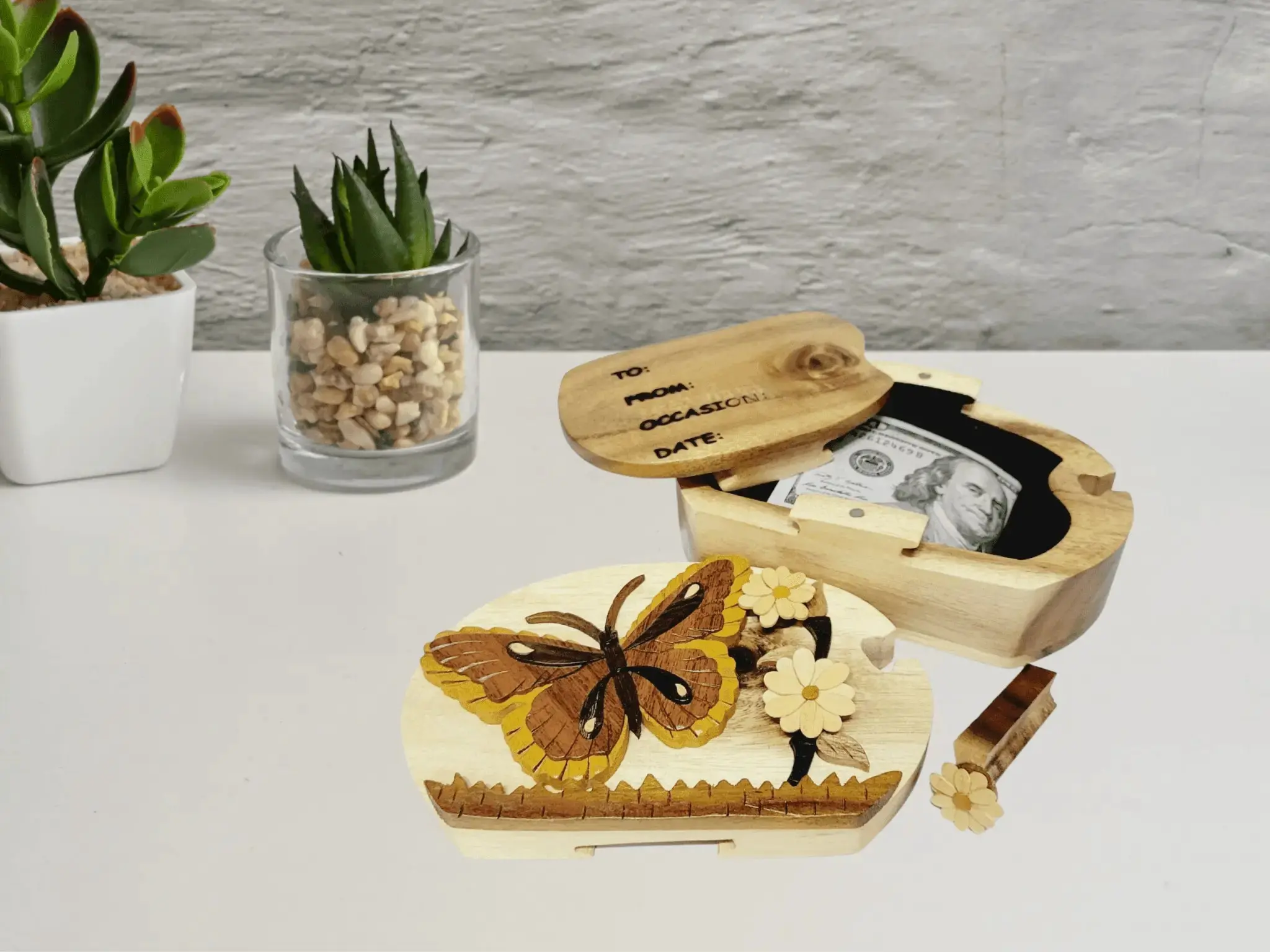 Butterfly and Daisies Hand-Carved Puzzle Box