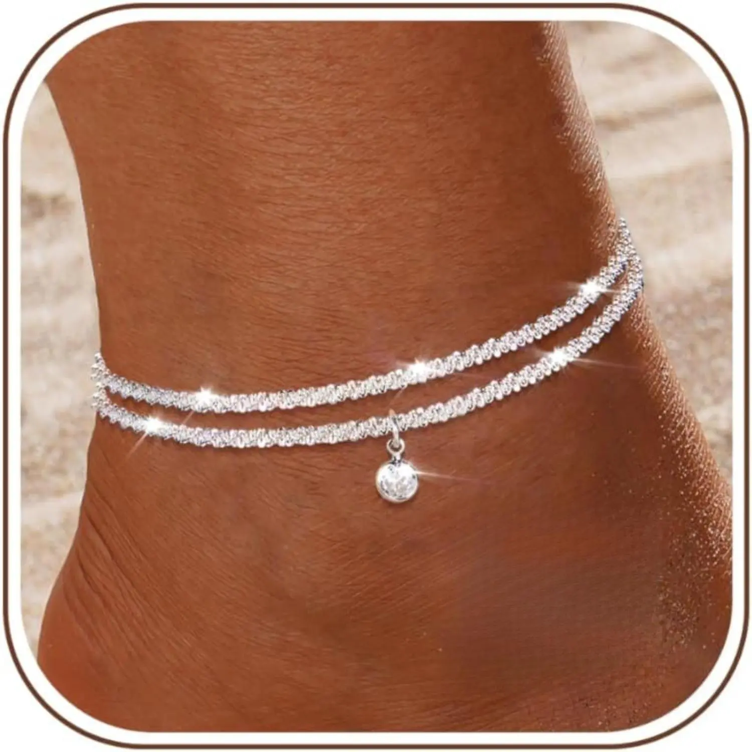 CASSIECA Women's Adjustable Dainty Layered Anklets - Waterproof Beaded Sparkling CZ Heart Pearl Ankle Bracelet, Beach Charm Anklets for Summer Vibes