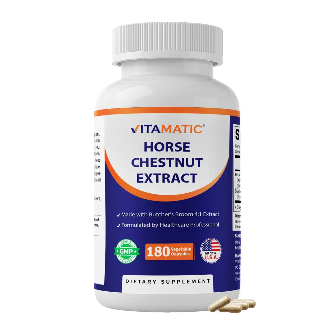 Vitamatic Horse Chestnut & Butcher’s Broom Herbal Blend Dietary Supplement Capsules - 700mg 20% Aescin Horse Chestnut, 300mg 4:1 Butcher’s Broom, 180 Capsules, Circulation Aid & Vein Support, Non-GMO, Gluten-Free, Made in USA