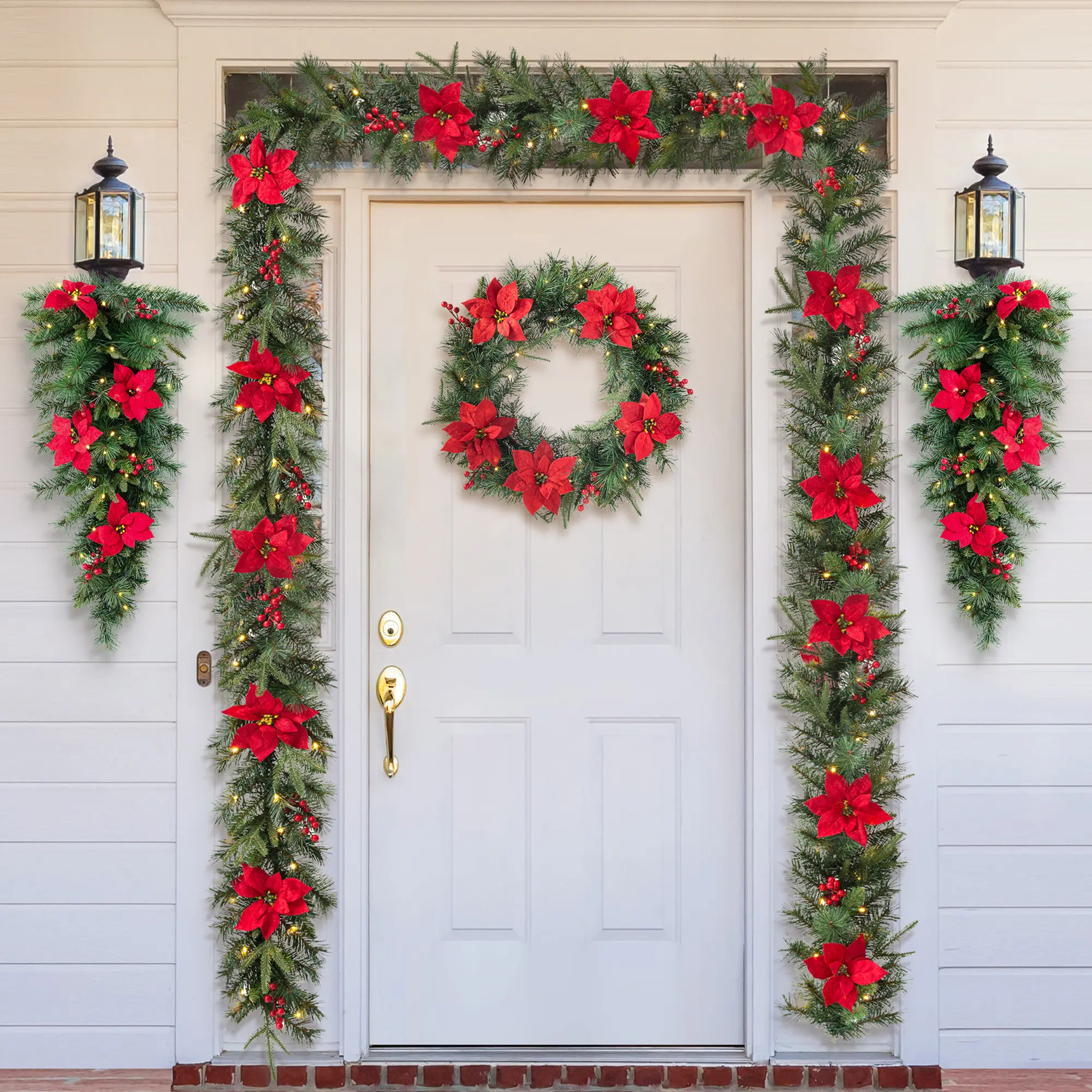 Glitzhome Pre-Lit Greenery Pine Berry Christmas Decoration - Garland/Wreath/Teardrop with Timer & LED Lights, Casual Festive Decor, Christmas Tree Pattern Swag, Christmas Decor