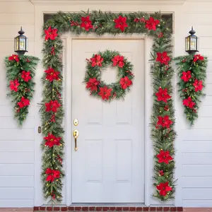 Glitzhome Pre-Lit Greenery Pine Berries Christmas Garland/Wreath/Teardrop with Timer,With LED Lights