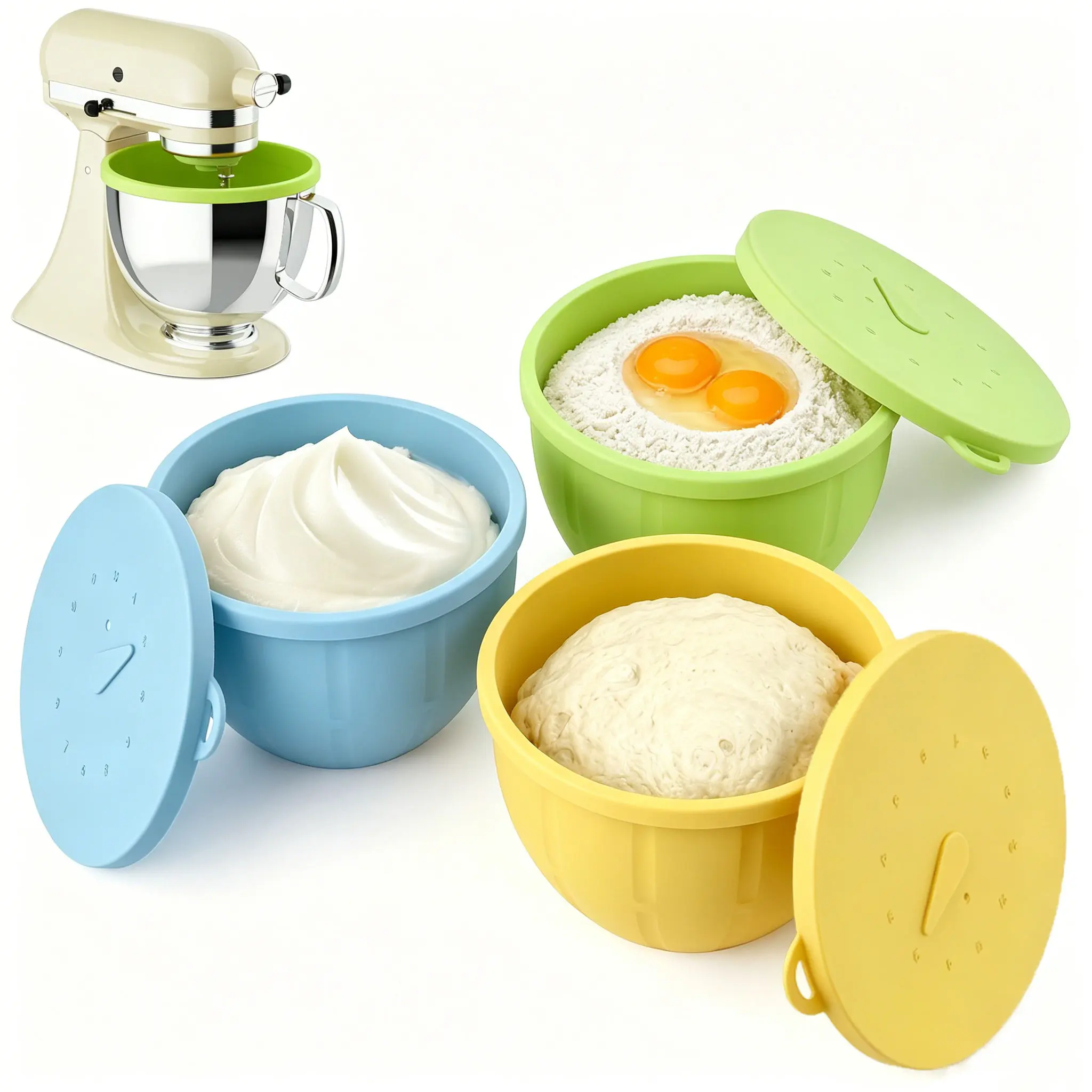 Silicone Bowl Liners for KitchenAid Mixer,Fits 4.5-5Qt Tilt-Head,Thickened Odorless Non-Stick Kitchenaid Silicone Bowl Liner, Dishwasher Safe Easy Clean,3 Pack with Lids,Kitchen Bowls, Food StorageBowl, Kitchenware Replacement Replacement Parts