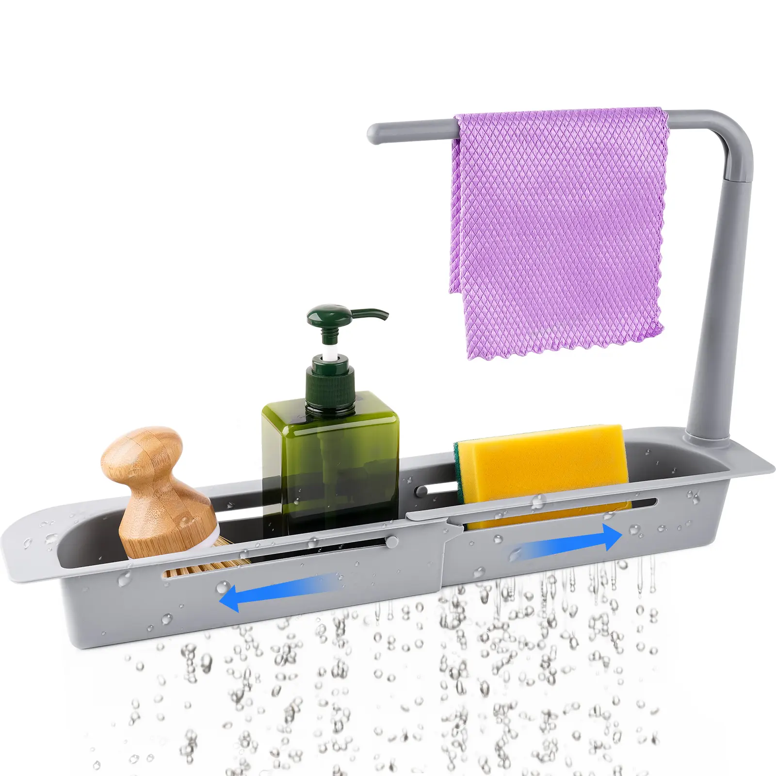 NiHome Single Layer Telescopic Adjust Countertop Kitchen Organizer - Oversink Dish Drying Rack Draining Boards, Collapsible Expandable Organizer with Towel Hanger, Colander Rack, Removable Non-Slip Sponge Holder, Drainage Holes for Home Storage, Adjustabl