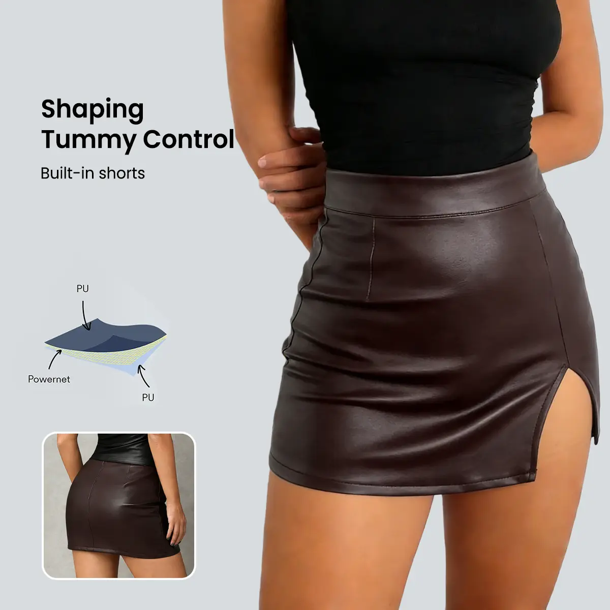 Hijesse Women's Solid Color Pleated Side Slit Hem PU Leather Bodycon Mini Skirt Split Thigh Skirt Faux Leather Skirt Black Leather Skirt Tight Skirt