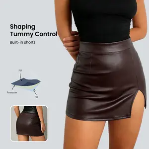 Hijesse Women's Solid Color Pleated Side Slit Hem PU Leather Bodycon Mini Skirt Split Thigh Skirt Faux Leather Skirt Black Leather Skirt Tight Skirt