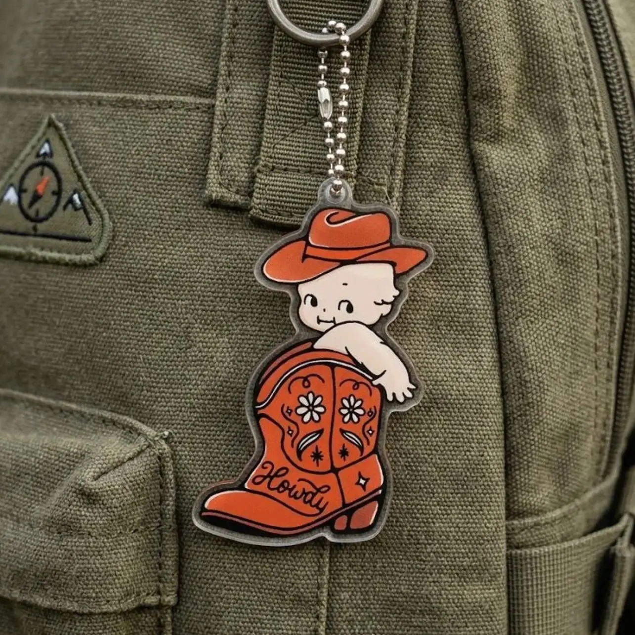Cowboy Boot Keychain, Retro Kewpie Baby Acrylic Charm, Western Bag Tag