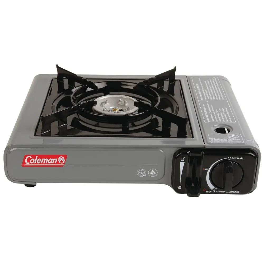 Coleman 1-Burner Table Top Butane Camping Stove - Gray Portable Gas Cooker with Instastart Ignition, Compact Design, Large Stable Base, Easy To Clean for Sports & Outdoor Hiking Camp Kitchen Gear