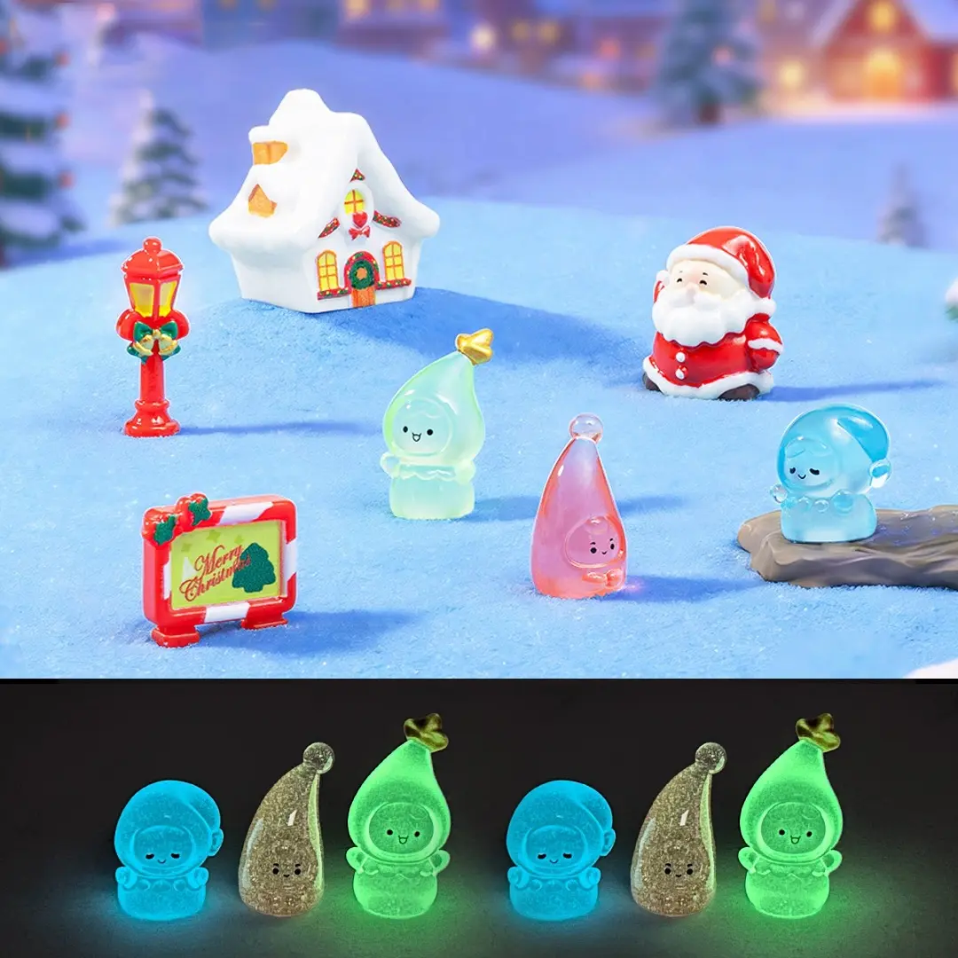 7pcs Magical Luminous Christmas Miniatures Set - Glow-In-Dark Elf Figurines, Santa Claus, Snowman, House for Home Festive Decor