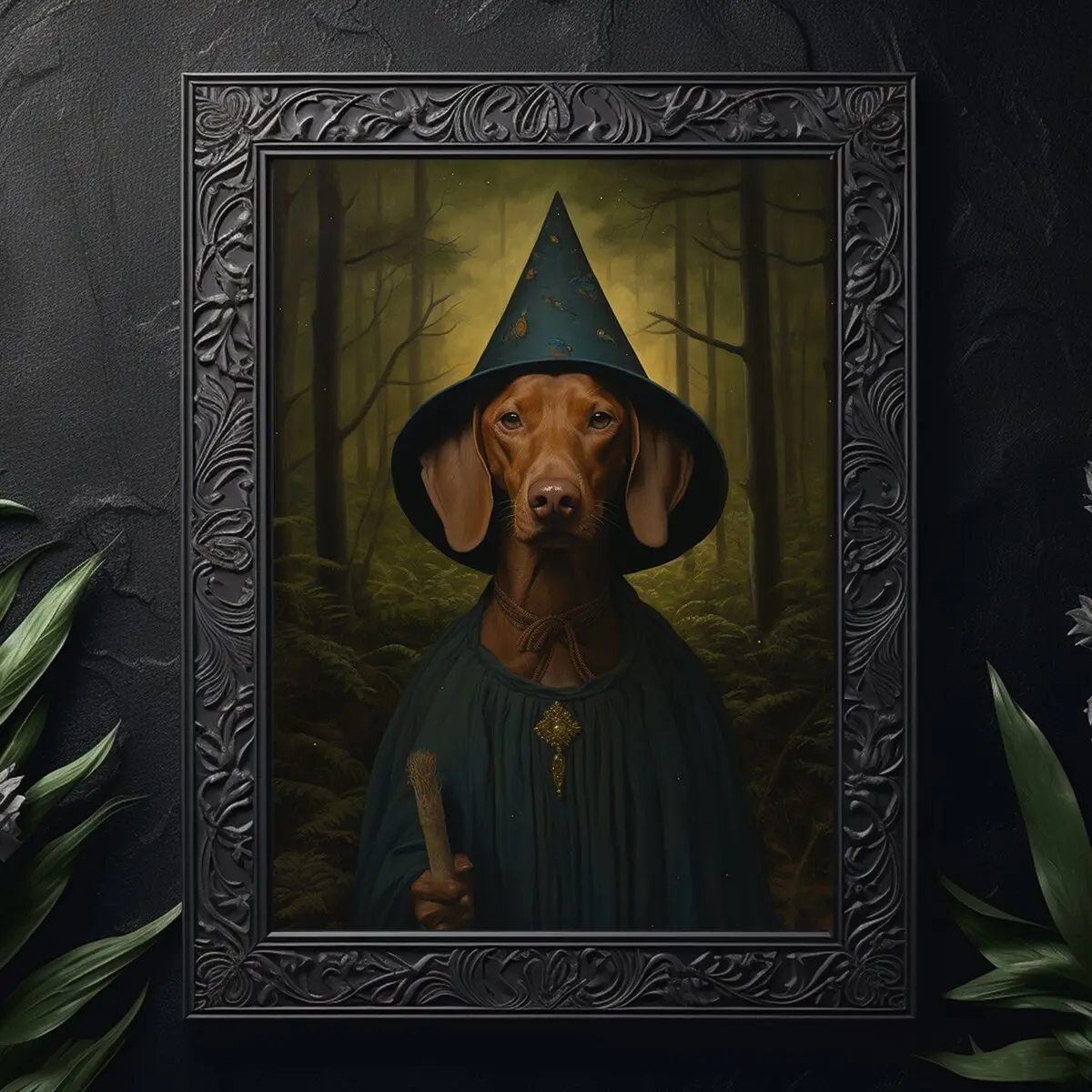 Hungarian Vizsla Witch Print – Witchy Dog Wall Art, Cottagecore Decor, Gothic Witchy Aesthetic, Dog Lover Gift Poster, Unframed