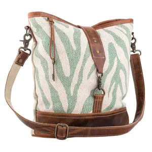 Wild Mint Shoulder Bag with Green and White Stripes Brown Leather Canvas Rug Material Nature Inspired Fashion Mint Color Comfortable Strap Versatile for Everyday Use