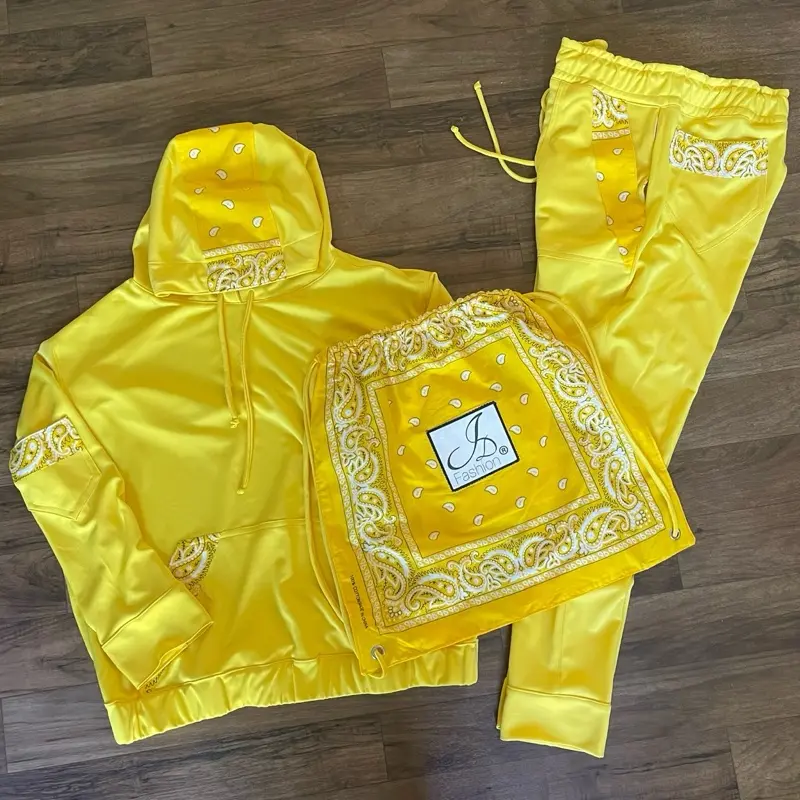 JD Fashion Men's Custom 2-Piece Custom Yellow Bandanna Trim Long-Sleeve Waist Hoodie & Jogger Pant Set with Matching Blue Backpack