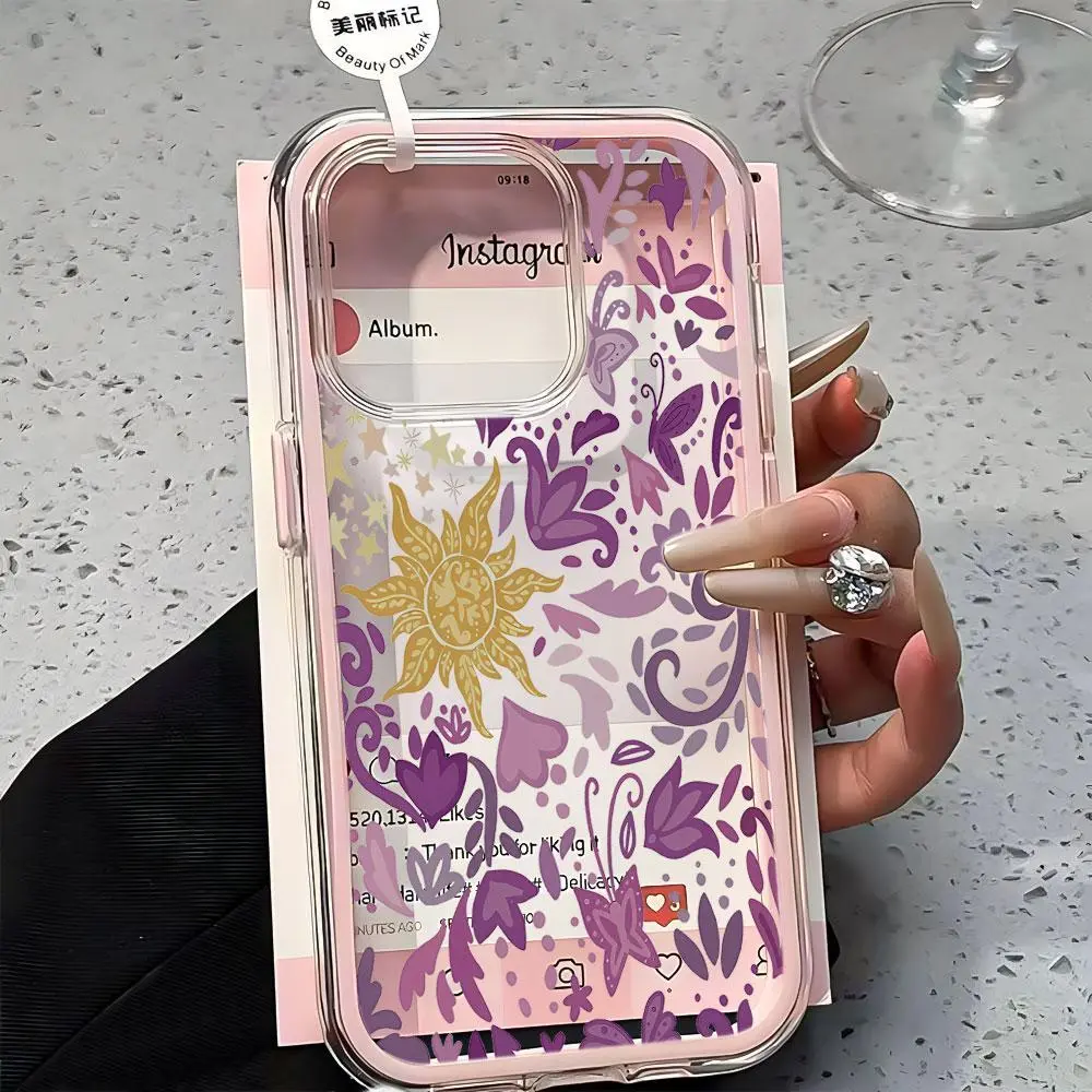 Anti-Yellowing Clear Tangled Sun Flower Phone Case for iPhone17 16 15 14 13 12 Pro Max, Whimsical Purple Floral 3in1 Acrylic Hard Case with Soft   aesthetic  Protective Bumper, Permanently Crystal, Anti-Yellow All Time 