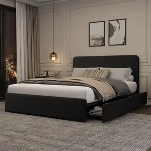 Full/Queen Bed Frame  Fully Upholstered Platform Headboard Bed Frame w/ Storage Drawers, No Box Spring Needed, Noise‑Free, Strong Wooden Slats Support, Easy Assembly