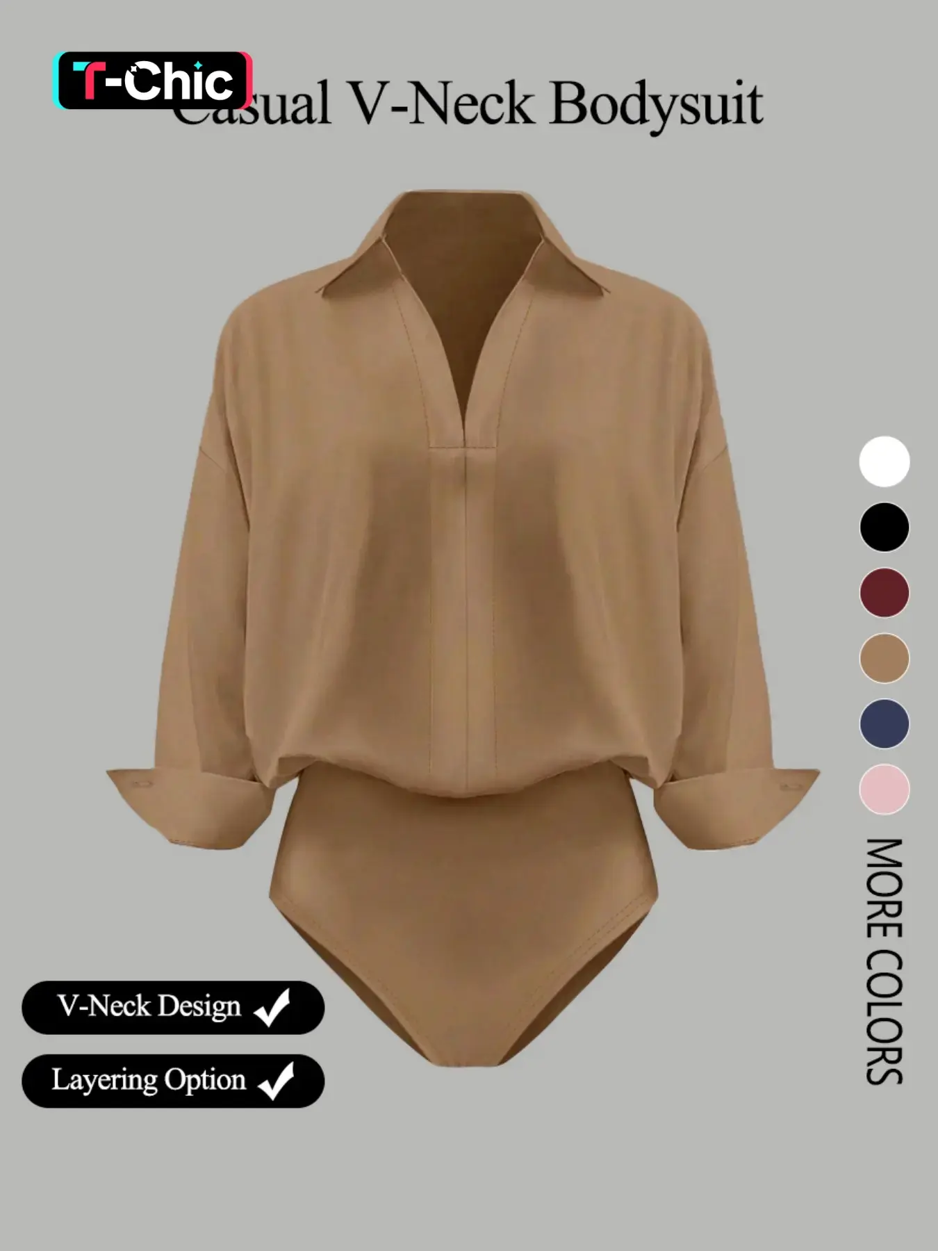 Women's Basic Solid V-Neck Long-Sleeve Shirt-Style Jumpsuit, Casual Loose Chic Look in Elegant Lightweight Woven Fabric, Slim-Fit Design for All-Season Layering
