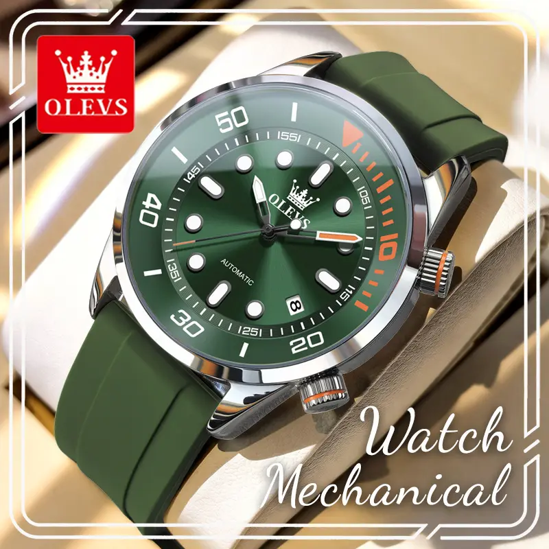 OLEVS Men's Automatic Diving Wrist Watch, 3ATM Waterproof Stainless Steel Mechanical Timepiece with Luminescent Hands, Date Window, and Silicone Strap, Automatic Diving Wrist Watches, Mechanical Hand Wrist Watches