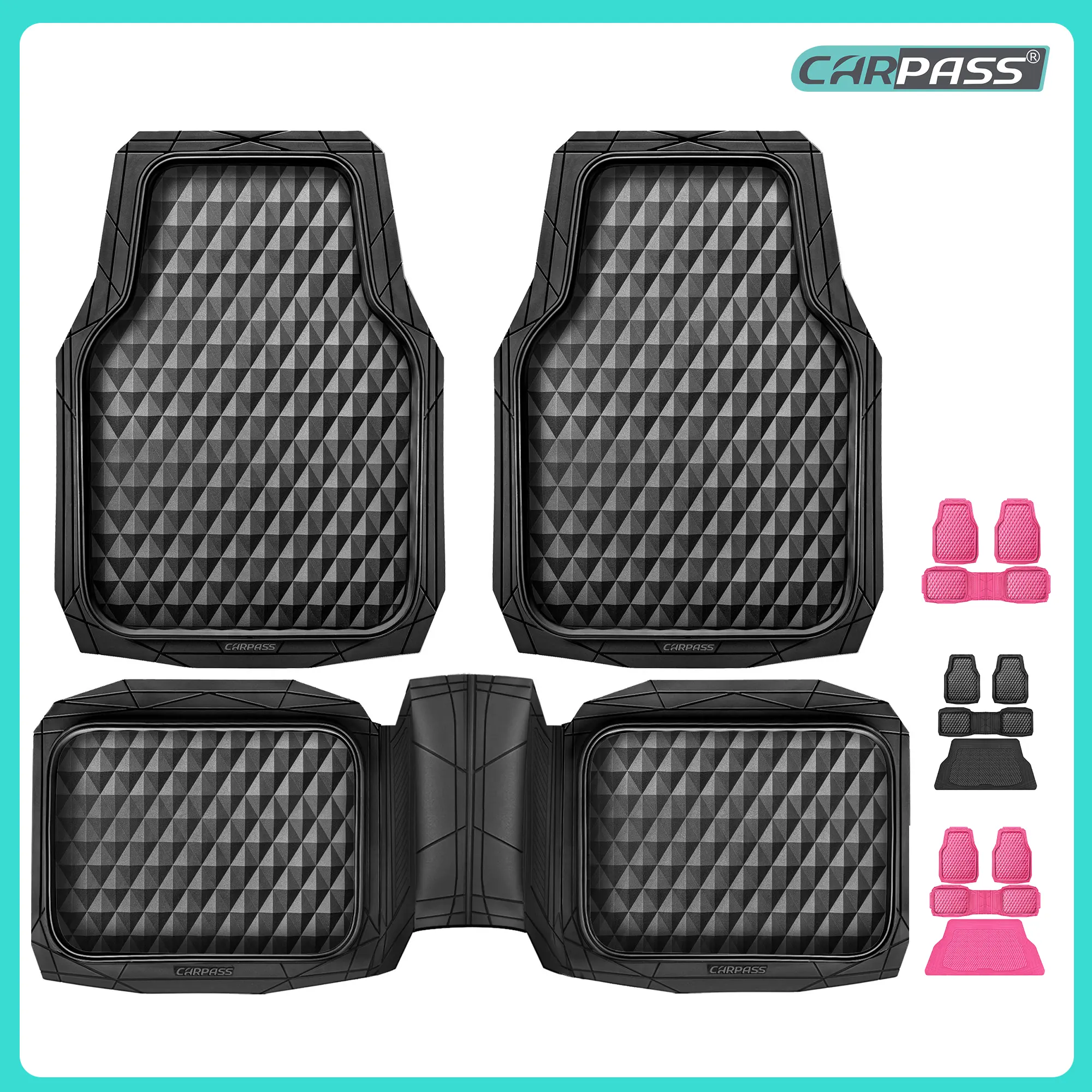 CAR PASS 3pcs Heavy Duty Rubber Car Mats, Deep Dish All-Weather Floor Mat for Car Full Set Durable Anti-Slip 3D Rhombus Waterproof Trim to fit Liner Universal Fit Automotive,Sedan,SUV,Truck Vehicle Carbon