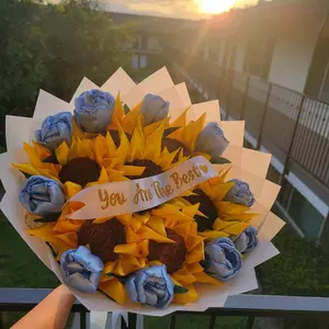 Flower Sunflowers with Blue Tulips - Yellow and Blue Bouquet with "You Are the Best" Message