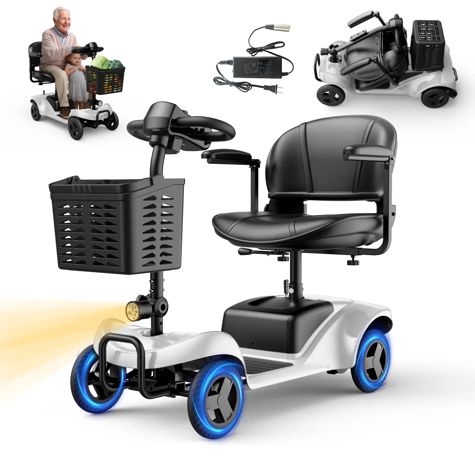 Medical Adult 4-Wheel Lightweight Portable Mobility Scooter - 15-mi Range, 300-lbs Capacity, LED Headlights, Basket, Included Charger, Health Mobility Aid, Suitable Gift for Elders, 15 Miles Range, 300Lbs Capacity