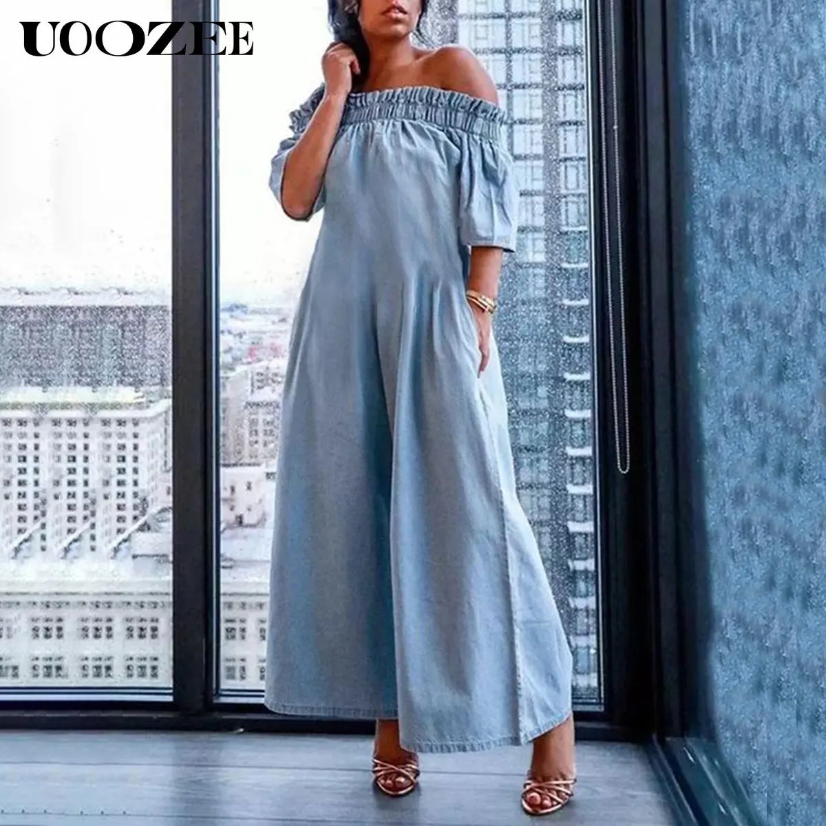 UOOZEE Women's Casual Off-Shoulder Overalls - Pleated Short-Sleeve Thin Denim Fabric, Elastic Waist, Pockets, Split Hem, Loose Fit, Shortsleeve, Jumpsuits For Women, Stylish Women's Wear