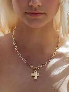 Vintage Geometric Cross Pendant Necklace, Metal Chain Design Jewelry, Thick Chain Accessory for Women, Casual Fashion Style