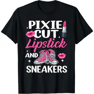 100% Cotton Pixie Cut Lipstick and Sneakers Short Hair Style Fashion T-Shirt