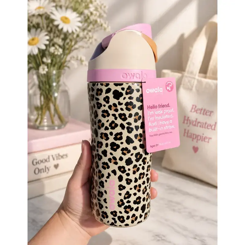 Owala FreeSip 16 oz Stainless Steel Insulated Water Bottle with Straw, Cream Pink Leopard Cheetah Print Gym Bottle for Women