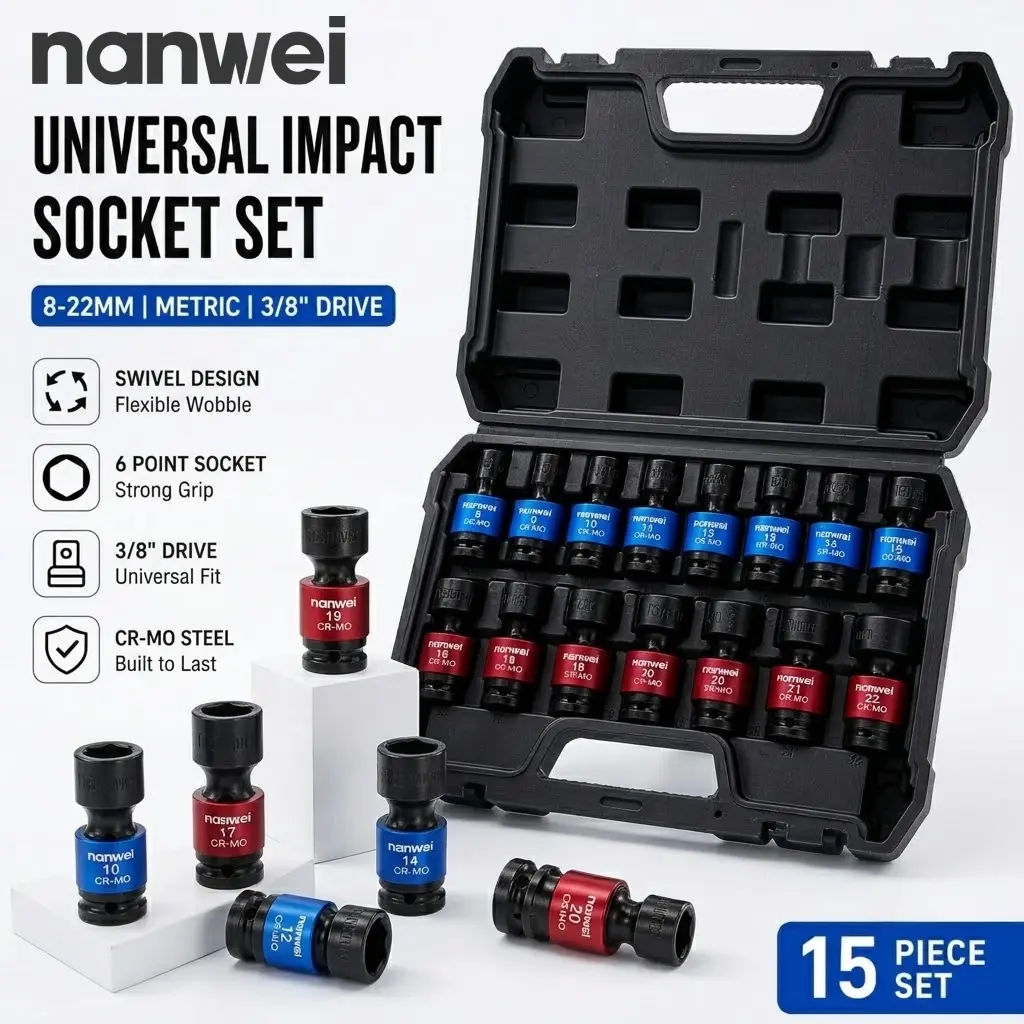 15PCS 3/8 Inch Drive Universal Joint Deep Impact Socket Set, 8-22mm Metric Swivel Hex Socket Kit, Color Coded CR-V Steel Flexible Sockets with Hard Storage Case for Auto Motorcycle Garage Mechanical Repair hand tool duty heavy automotive use