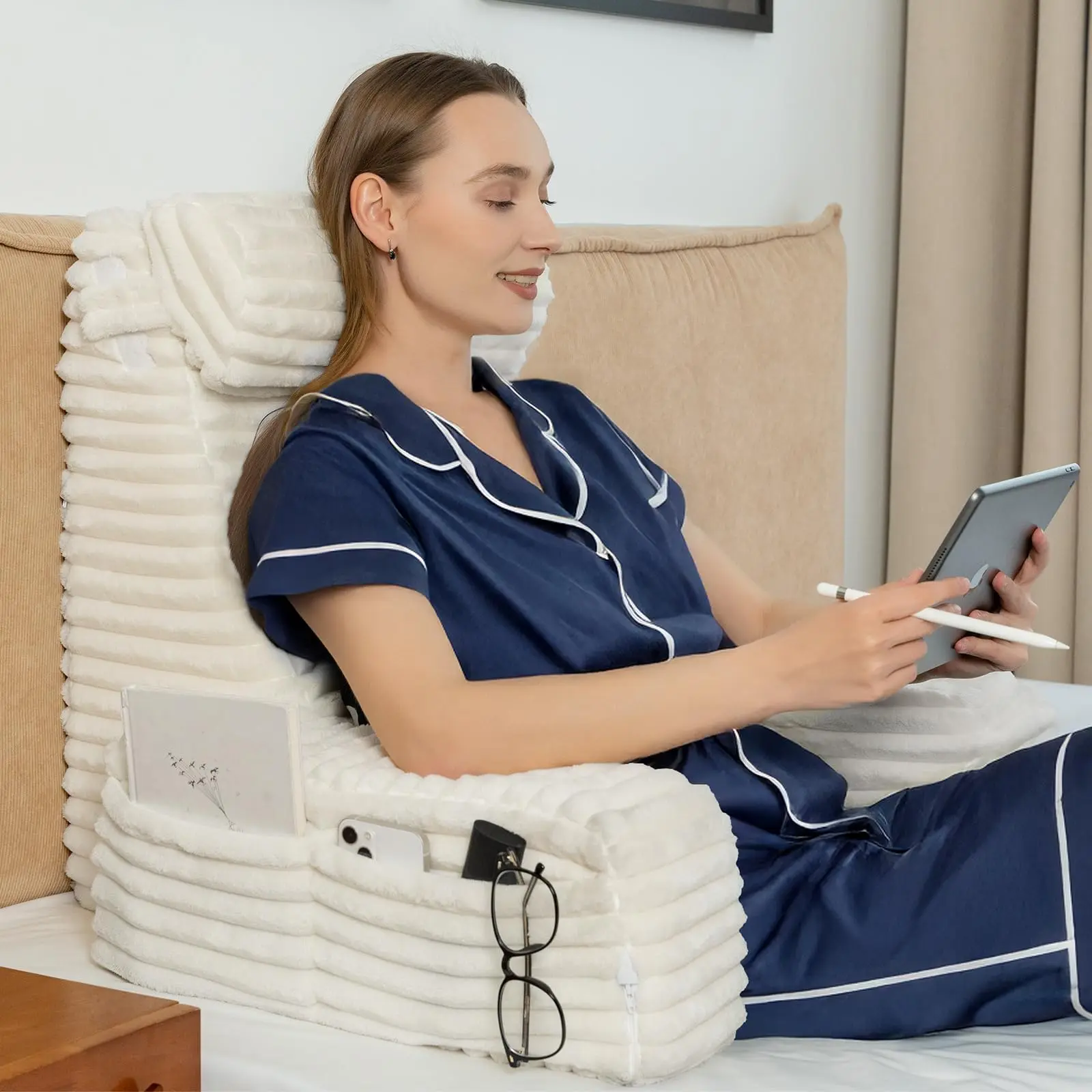 Reading Pillow Back Pillow for Bed Sitting Up, Reading Pillow with Armrests & Big Pockets, Soft Back Support Chair, Ideal for Watching TV, Gaming, Nursing, Resting, Post Surgery, Dark Grey