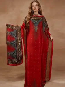 Women's Elegance Heavywork Long Robe Set, Satin Maxi Dress with Stylish Geometric Print Scarf and Matching Headscarf, Boho Loose-Fitting Belted Style