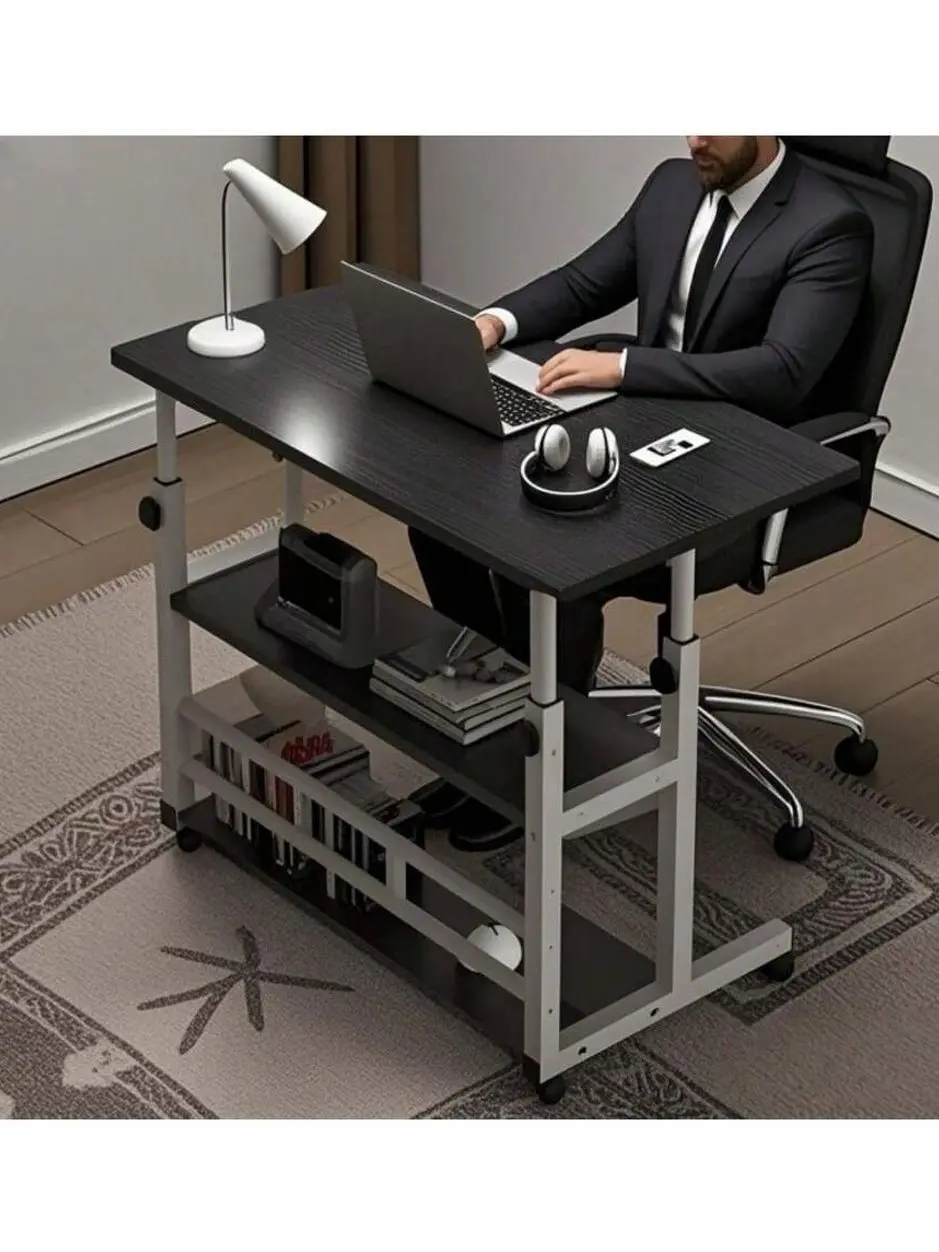 Adjustable Rolling Desk With Storage - Multifunctional Height-Adjustable Bedside Table With Wheels & Shelves For Home Office, Living Room, Study