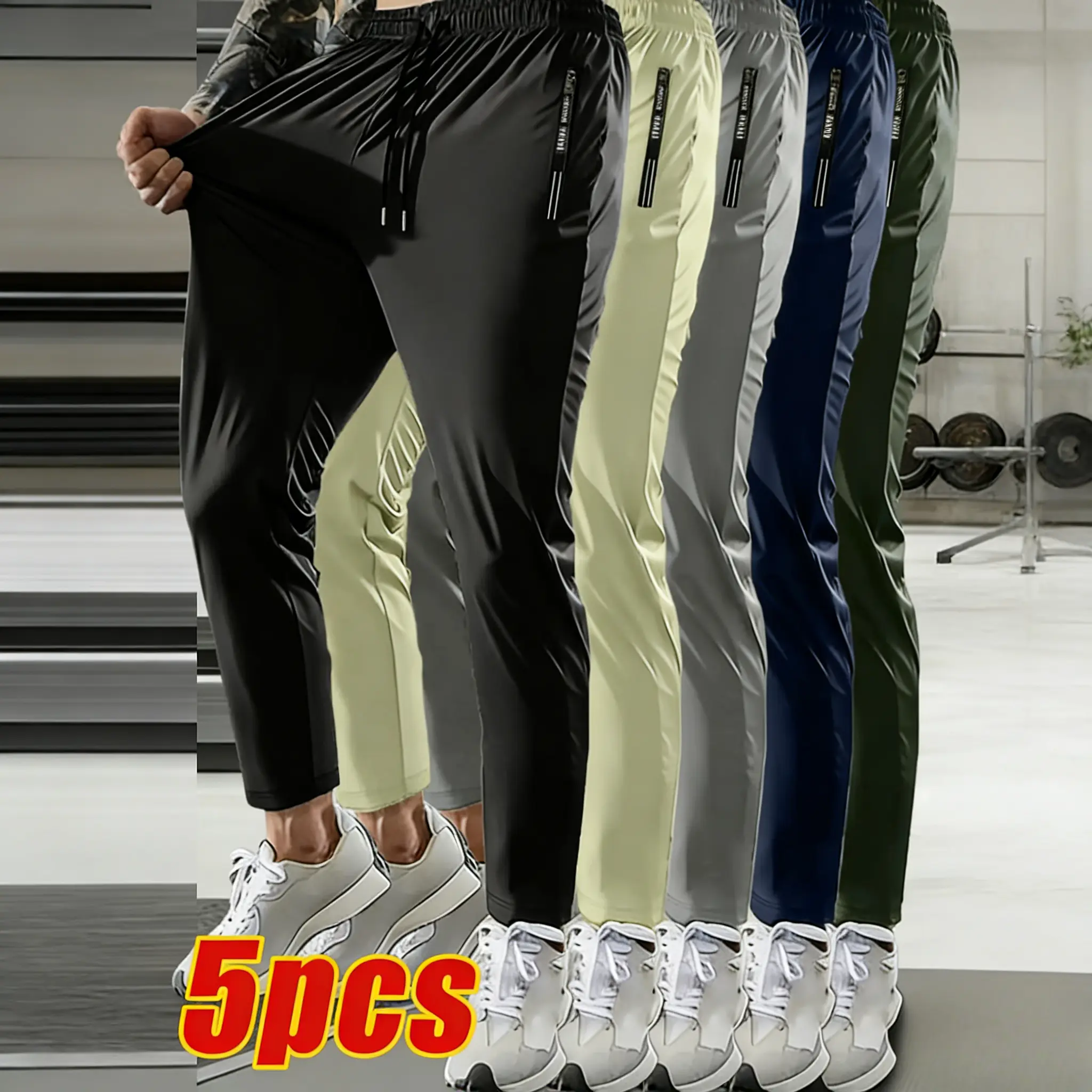 Men's 5-Piece Summer Casual Sports Straight Leg Pants - Ice Silk Lightweight Quick Dry Breathable Fabric, High Elasticity, Comfortable Drawstring Waist, Zipper Pocket, Stretchy Athlete Bottoms for Gym & Outdoor Sports