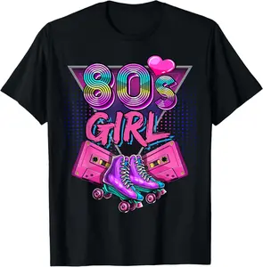 Women's 100% Cotton Flat Short-Sleeve Garment, 80's Retro Rollerskating Birthday Party Costume T-Shirt with Prints & Graphics