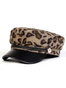 Unisex Faux Fur Leopard Print Beret Hat, PU Leather Sun Protection Casual Cap for Spring & Fall, Outdoor Travel Beach Vacation, Fitted Design, Leopard Pattern, Adjustable Sun Cap