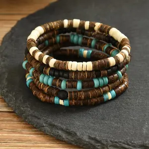 5 Pcs-Minimalist Bohemian-style wooden bead and turquoise elastic leather bracelet Vintage-inspired unisex coconut shell bracelet Beach holiday fashion accessory emo accessories