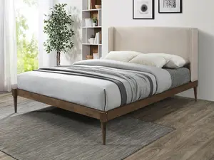 Sandstone Scandinavian-Inspired Upholstered Bed Frame with Wingback Headboard | Modern Minimalist Design for a Cozy and Stylish Bedroom Retreat