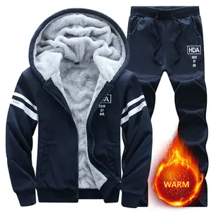 Men's Navy Blue Fleece-Lined Tracksuit - Hoodie & Joggers with Warm Fleece Lining, Trendy Versatile Layered Look