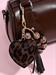 Leopard Print Wood Bead Keychain, Fashion Leather Heart Tassel Bag Charm, Gothic Leopard Print, Y2K Style, Unique Accessory, Stylish Keychain, Keychain For Bags
