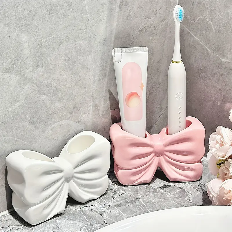 Girly Heart Bowknot Toothbrush Holder Creative Bathroom Washstand Electric Toothbrush Toothpaste Ceramic Storage Rack