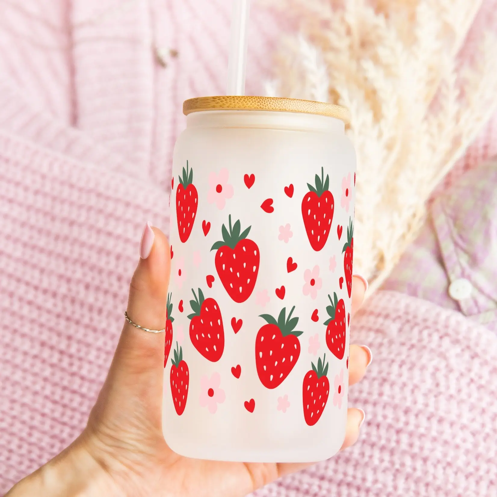 Strawberry 40oz Glass Cup with Handle, Bamboo Lid & Straw, Aesthetic Gift