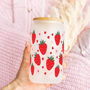 Sip-Sip Hooray! Strawberries & Flowers 16oz Glass Can Cup with Lid & Plastic and Glass Straws – Summer Iced Coffee Glass, Gift for Friends, Reusable Aesthetic Drinkware Water Bottles Washable Portable Tumbler Mug