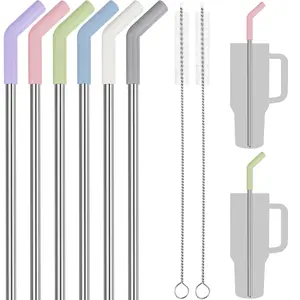 Tomorotec 40oz Straws, 13 Inch Stainless Steel Straw with Silicone Extender Tip for Stanley Adventure Quencher Tumbler 6-Pack with 2 Brushes, 0.35" Diameter Straws Food Grade BPA-Free Colorful Set