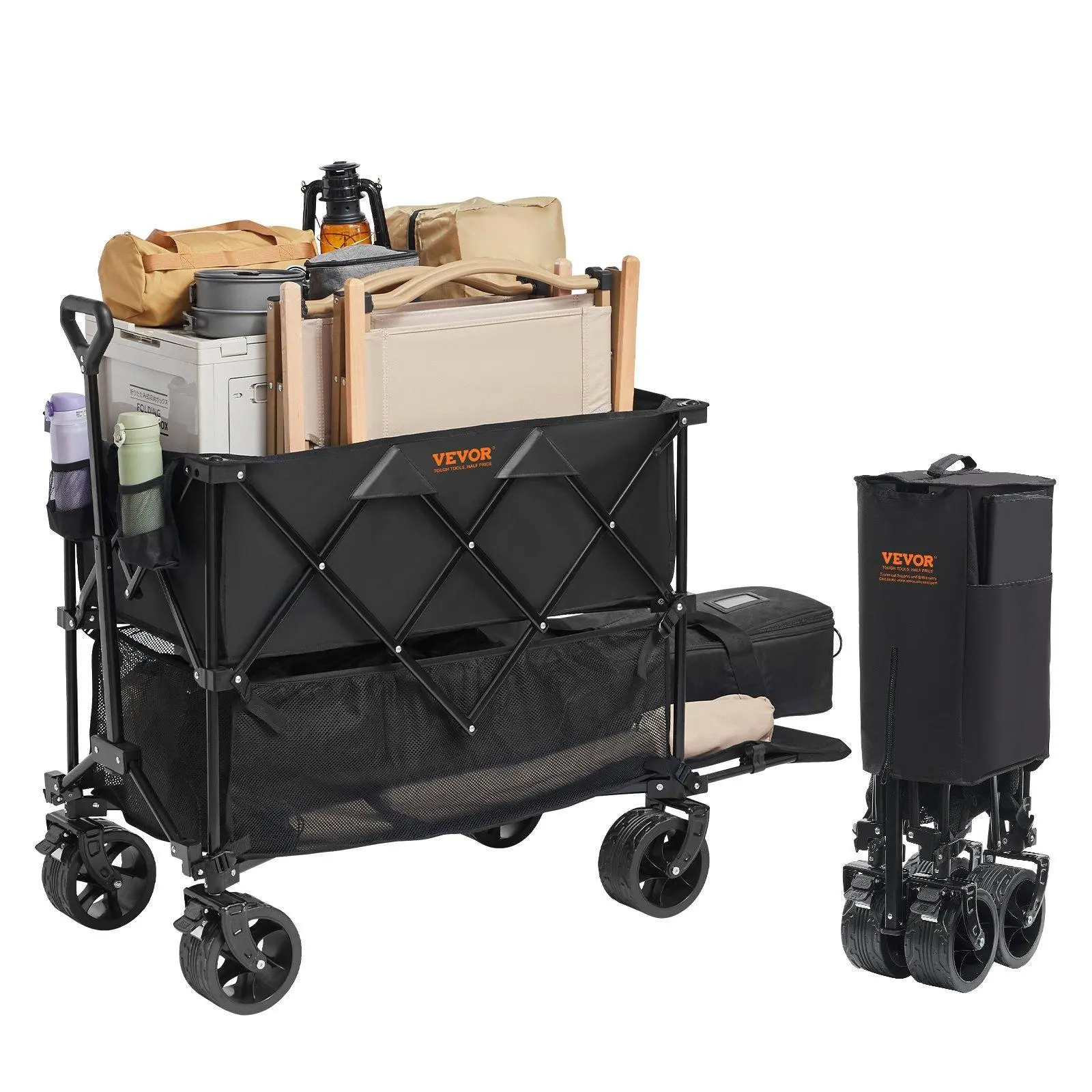 【Summerfinds】VEVOR Foldable Double Decker Wagon,  Collapsible Wagon Cart with All-Terrain Wheels, Heavy Duty Folding Wagon Cart  for Camping, Shopping, Garden, 52" Extra Long Extender