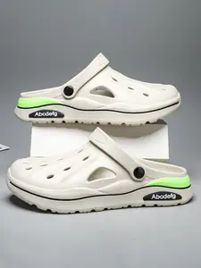 Men's Casual Letters Patchwork Design Slides, Simple Design Breathable Comfortable Non-slip Beach Shoes, Summer Casual Barefoot Shoes for Outdoor, Footwear