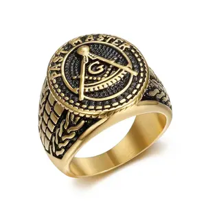 Vintage Vintage Freemason Ring Made of Stainless Steel with High Texture, Men's Domineering Compass Symbol Ring That Does Not Fade, Suitable for Gifting, Parties, and Gatherings