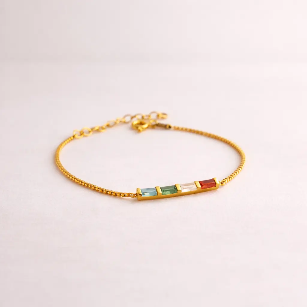 Baguette Birthstone Bracelet, Box Chain Bracelet, Baguette Birthstone Jewelry, Family Multiple Birthstone Bracelet, Gold Customized Bracelet