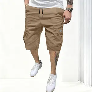 Men’s casual cargo shorts with a drawstring, designed for outdoor work and featuring multiple pockets; non-stretch cargo shorts.