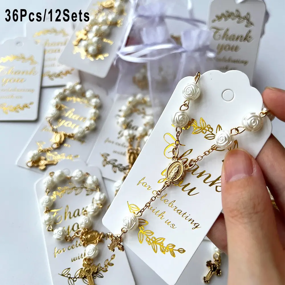 36Pcs/12Sets Party Favor Pack 11-Bead Mini Holy Crown Rose Rosary, Including 12 Rosaries + 12 Organza Bags + 12 Thank You Cards, Religious Gifts, Christian Gift, for Baptism, First Communion, Bridal Shower, Christmas, Church Donation
